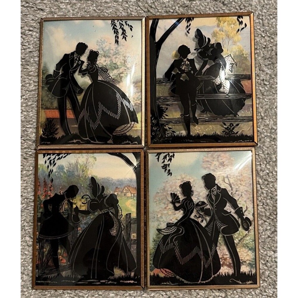 Vintage Courting Couple Cameo Convex Glass Silhouettes